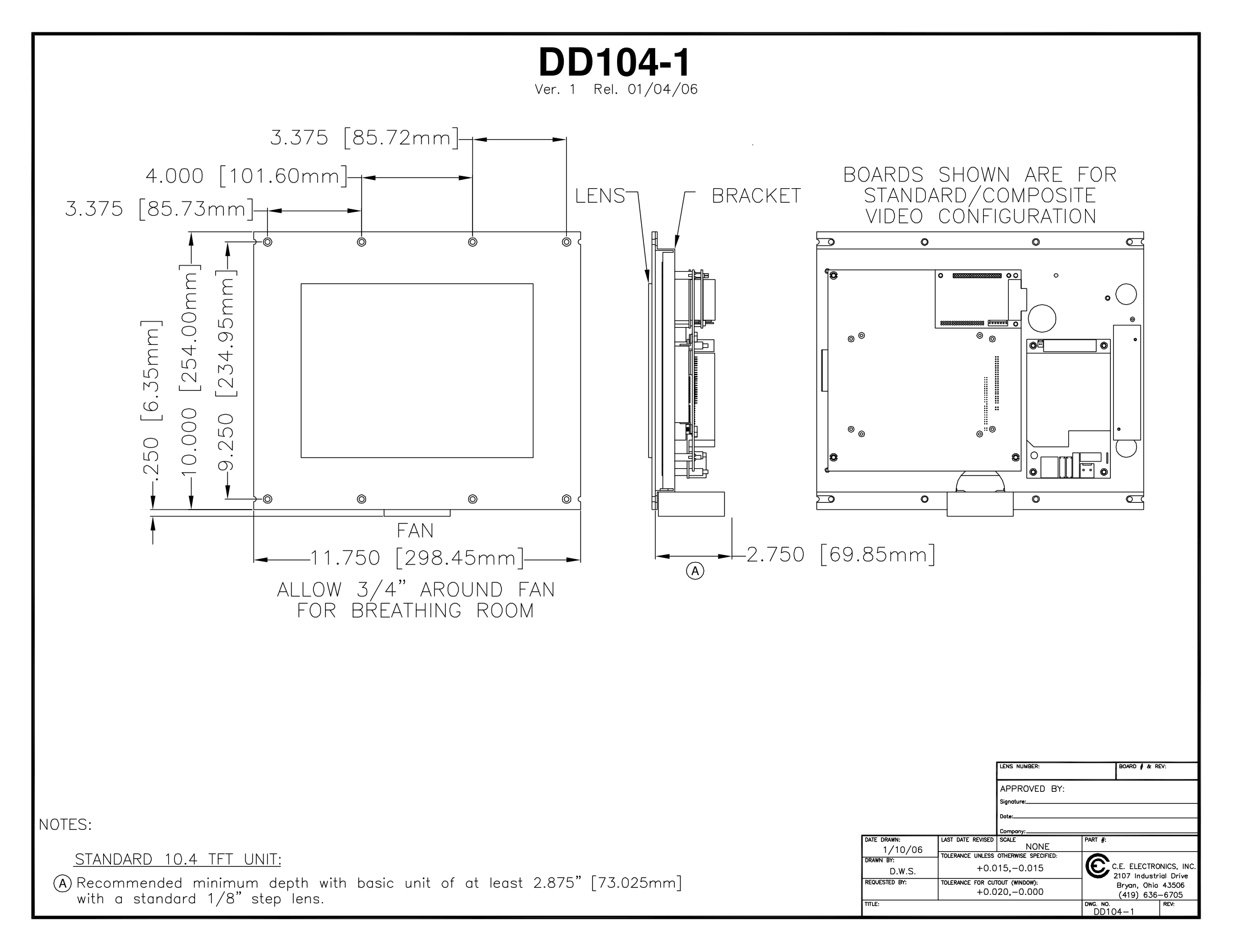 DD104-1 dimensional drawing of a 10.4-inch TFT indicator unit